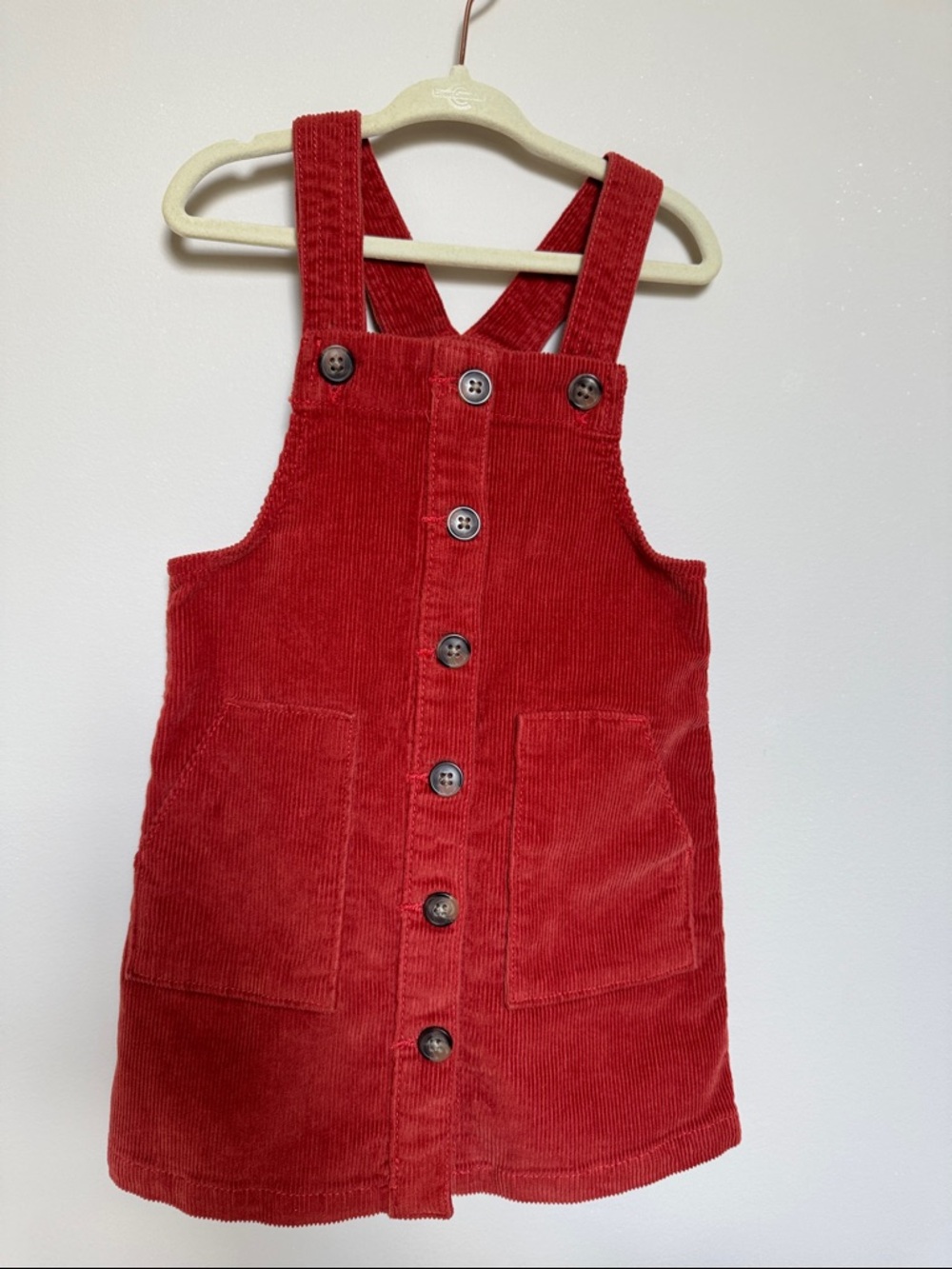 Girls' burn red Corduroy Pinafore Dress - Classic Button Front